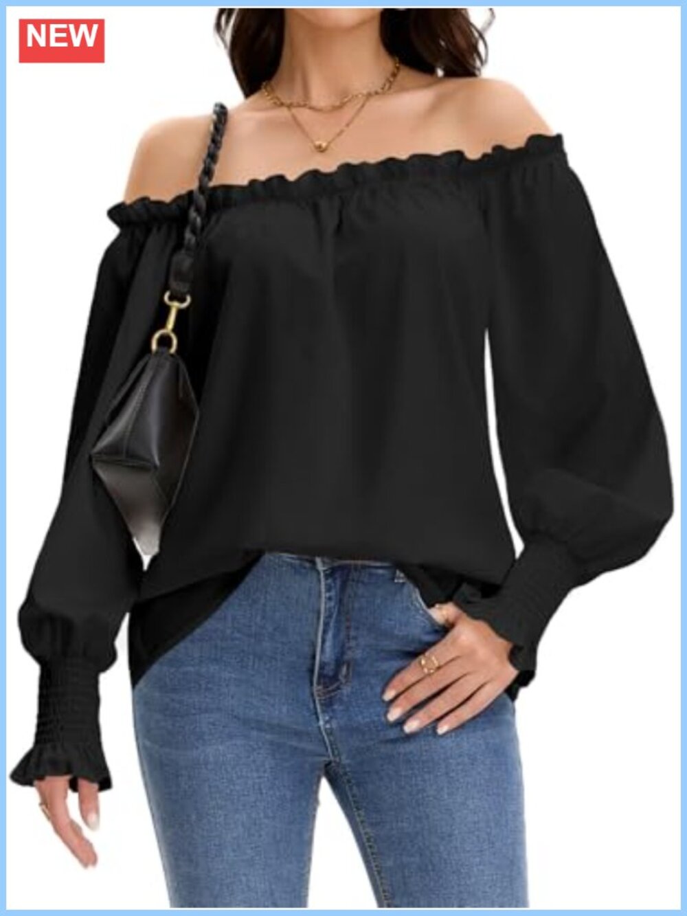 Off Shoulder Ruffle Blouse Long Puff Sleeve Loose Fit Top